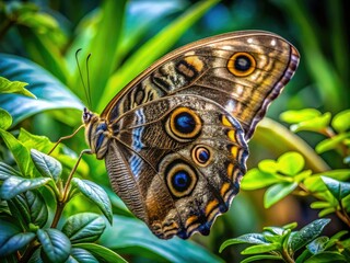 Giant Owl Butterfly Macro, Green Plant, Slow Motion