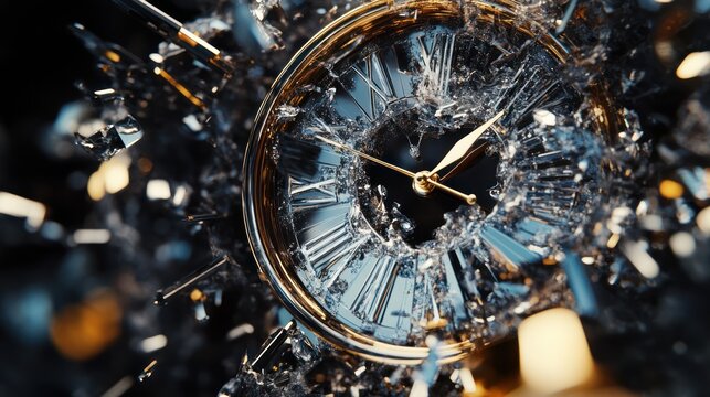 Time running out, shattered clock,  explosion of glass,  golden clock face, Roman numerals, 