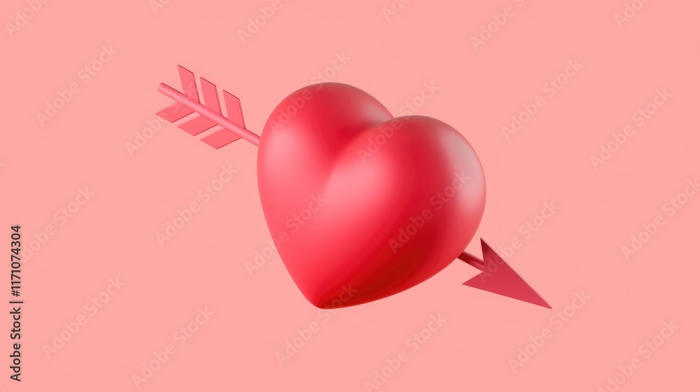 Poster a 3d rendered image of a red heart pierced by an arrow, symbolizing love and romance.