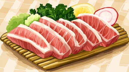 An artistic shot of sashimi served on a bamboo mat, featuring an array of fish slices and garnishes like radishes and herbs for an authentic Japanese presentation.