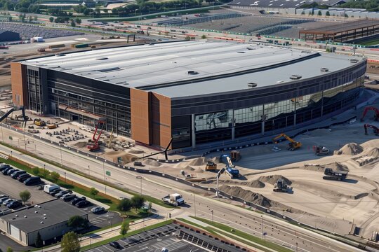 Aerial view of a modern sports arena under construction with surrounding work area and vehicles.