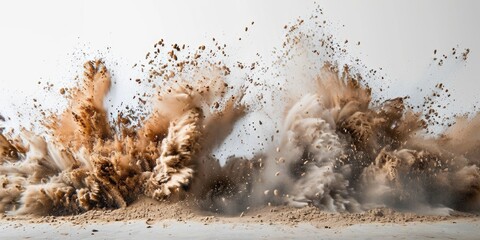 Abstract Sand Explosions: Stop Motion Art of Brown Sand Exploding on White Background
