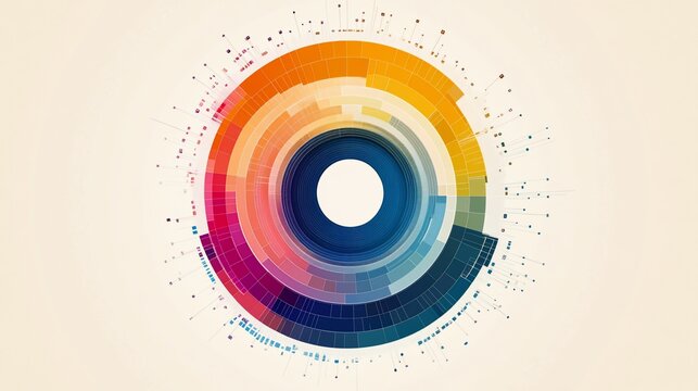 Abstract circular design with concentric rings of colorful sections and connecting lines.