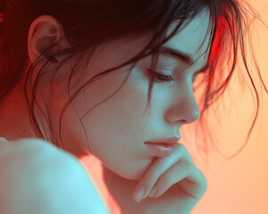 Naklejka premium A thoughtful portrait capturing a woman's emotional depth in a serene color scheme.