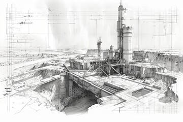 Fototapeta premium An industrial site with a complex structure, showcasing advanced engineering and machinery in a stark landscape.