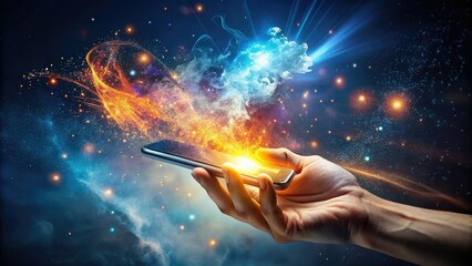 Glowing Hand Phone Drone Shot, High Tech Sparks