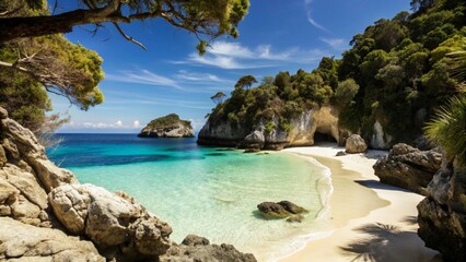 Obraz premium Secluded hidden beach with soft golden sand and crystal-clear turquoise water, surrounded by cliffs.