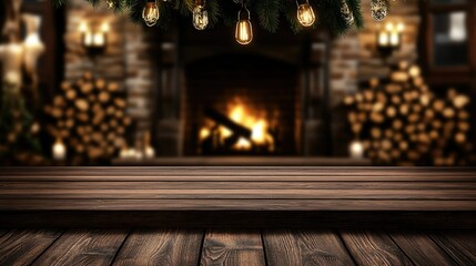 Empty wooden tabletop provides a spacious area for decorating, with a cozy fireplace and wood pile enhancing the warm atmosphere