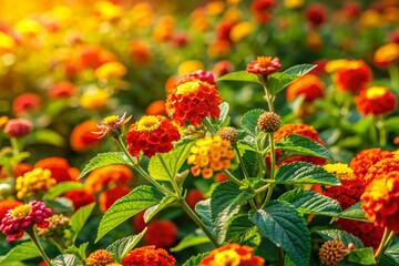 Obraz premium Panoramic View of Vibrant Red, Orange, and Yellow Lantana Flowers in Full Bloom