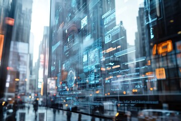 Obraz premium Futuristic cityscape with glowing screens and digital overlays c