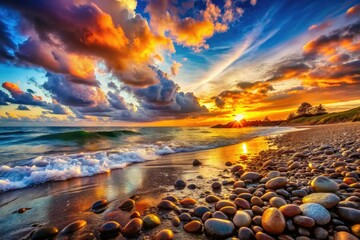 Obraz premium Glowing Stones Beach Sunset - Architectural Photography AI