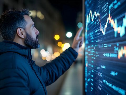 Man reviewing stock market data on digital screen at night, city background; financial news website