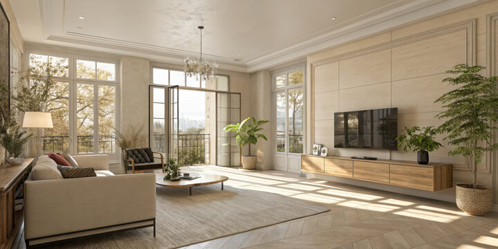 A modern beige interior with geometric sunlight, shadows, and natural decor, featuring an empty wall mockup for potential customization