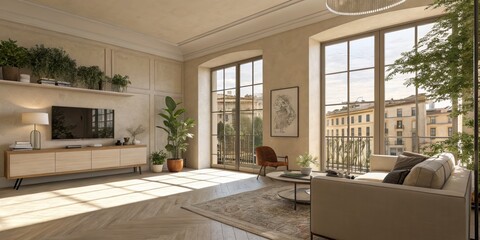 A modern beige interior with geometric sunlight, shadows, and natural decor, featuring an empty wall mockup for potential customization