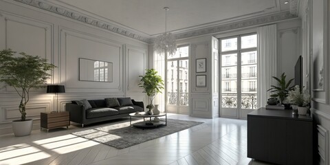 A modern beige interior with geometric sunlight, shadows, and natural decor, featuring an empty wall mockup for potential customization
