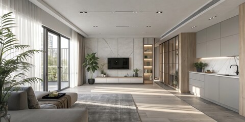 A modern beige interior with geometric sunlight, shadows, and natural decor, featuring an empty wall mockup for potential customization