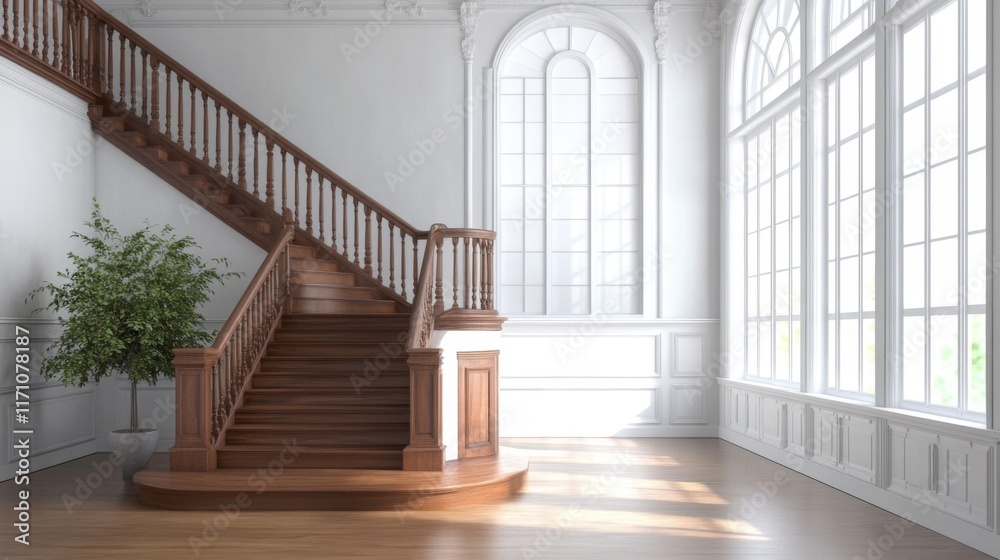 Aufkleber an elegant staircase in a minimalist home, showcasing wooden steps and a simple railing, leading to 