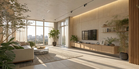 A modern beige interior with geometric sunlight, shadows, and natural decor, featuring an empty wall mockup for potential customization