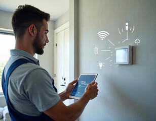 Technician using a tablet to control smart home features in a modern living space during daylight