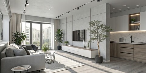 A modern beige interior with geometric sunlight, shadows, and natural decor, featuring an empty wall mockup for potential customization
