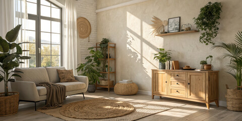A modern beige interior with geometric sunlight, shadows, and natural decor, featuring an empty wall mockup for potential customization