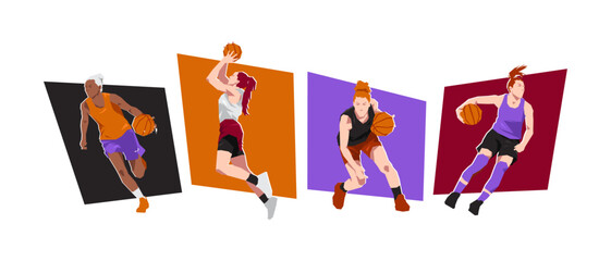 Set of female basketball players with different poses, gestures. Isolated on white background. Flat character vector illustration.