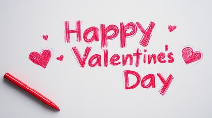 the word "Happy Valentine's Day" made with a red marker on a white background. Concept of St. Valentines Day
