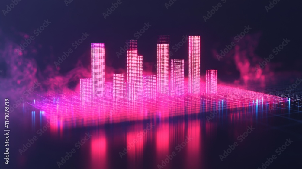 Poster An interactive-looking D bar graph with pulsating bars, symbolizing changing financial trends, set against a sleek background for a futuristic feel.