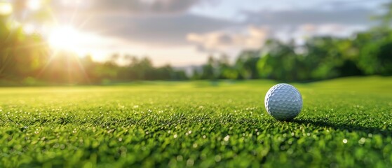 Close-up of a golf ball on green grass with sunlight in the background. Great for sports articles, golf club ads and illustrations related to outdoor activities.
