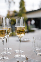 Decorating a hall for an expensive luxury wedding in a restaurant with lights, flowers, and seating details for guests