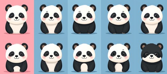 Naklejka premium Adorable cartoon pandas in various poses on pink and blue background.