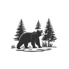 Black and white bear illustration in pine forest.