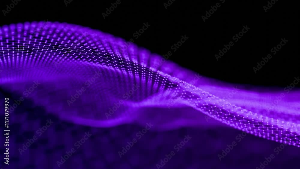 Poster hexagonal grid with flowing blue abstract mesh on black background
