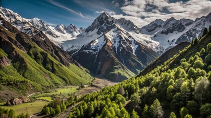 Snowy peaks rising above lush green valleys, blending winter&rsquo;s chill with nature&rsquo;s vibrancy.