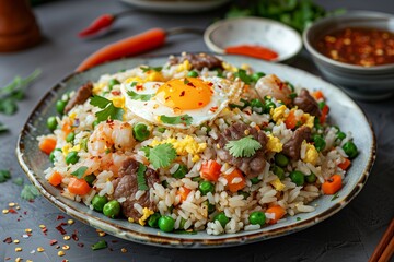 Delicious fried rice with vegetables, beef, and a sunny side up egg, garnished with herbs and chili flakes.