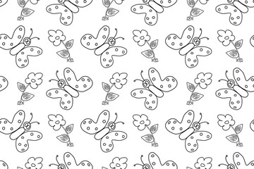 Seamless black-and-white pattern featuring butterflies and flowers. Perfect for children coloring projects.
