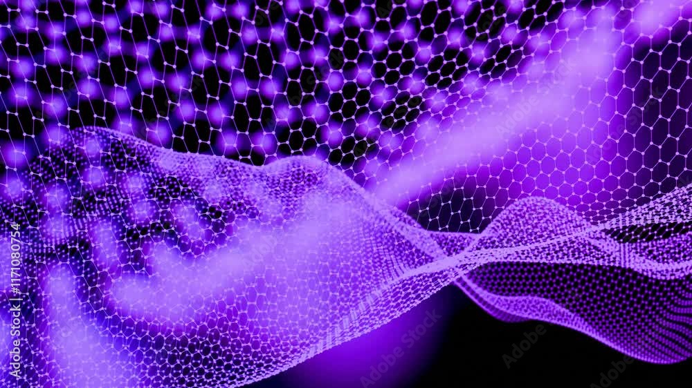 Poster Hexagonal Grid with Flowing Blue Abstract Mesh on Black Background