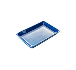 Rectangular blue ceramic dish with a glossy finish, perfect for serving food or for modern decorative table arrangements. Isolated on transparent background, png.