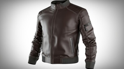 A stylish brown leather jacket with a modern design and functional pockets.