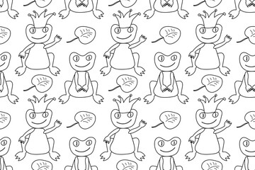 Seamless black-and-white pattern featuring happy frogs, a frog prince with a crown, and lily pads, perfect for coloring.