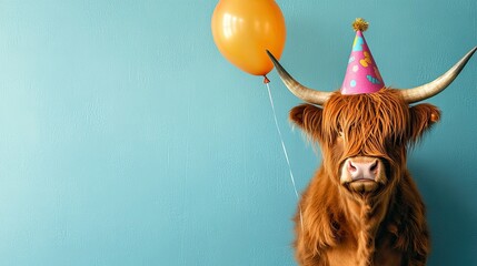A humorous animal banner greeting card featuring a Scottish highland bovine cow with horns, a party hat, and a balloon, set against a blue wall background, is perfect for a celebration, happy 
