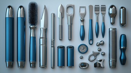 Blue & silver tools arranged on white surface.