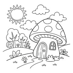 landscape with trees and mushroom house coloring page. doodle. antistress. anime coloring pages