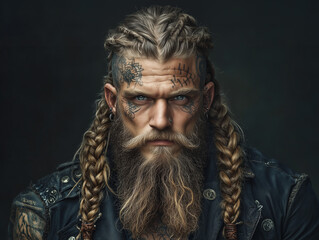 Obraz premium Nordic Viking warrior with a long beard and braided Viking hairstyle gazes neutrally at the camera, exuding wisdom and strength. His look blends Norse mythology with subtle steampunk elements.