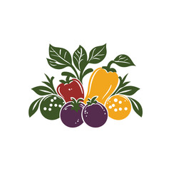Colorful logo illustration of assorted fruits and vegetables.