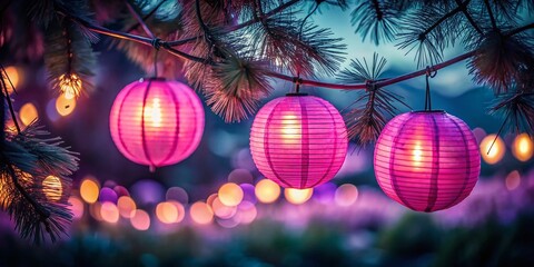 Fototapeta premium Pink Paper Lanterns Hanging on Pine Tree at Night - Long Exposure Photography