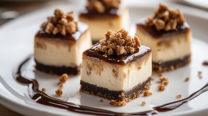 Four small square caramel-topped cheesecake bites on a white plate drizzled with caramel sauce.
