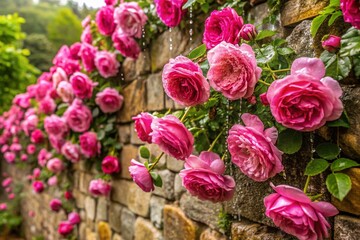 Fototapeta premium Pink Roses Blooming on Stone Wall, Rain Droplets, Garden, Floral Photography