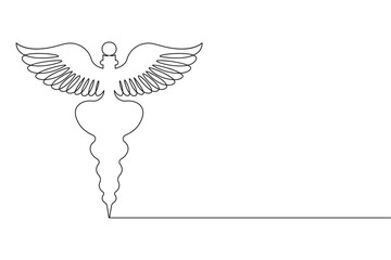 Caduceus with medical icon continuous one line drawing of isolated outline flat vector icon