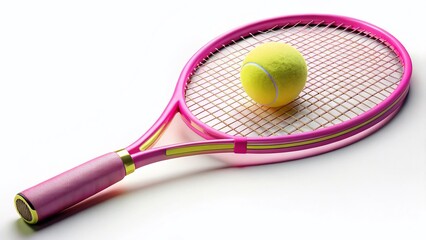 Pink Tennis Racket & Yellow Ball on White - Low Light Sports Equipment PNG